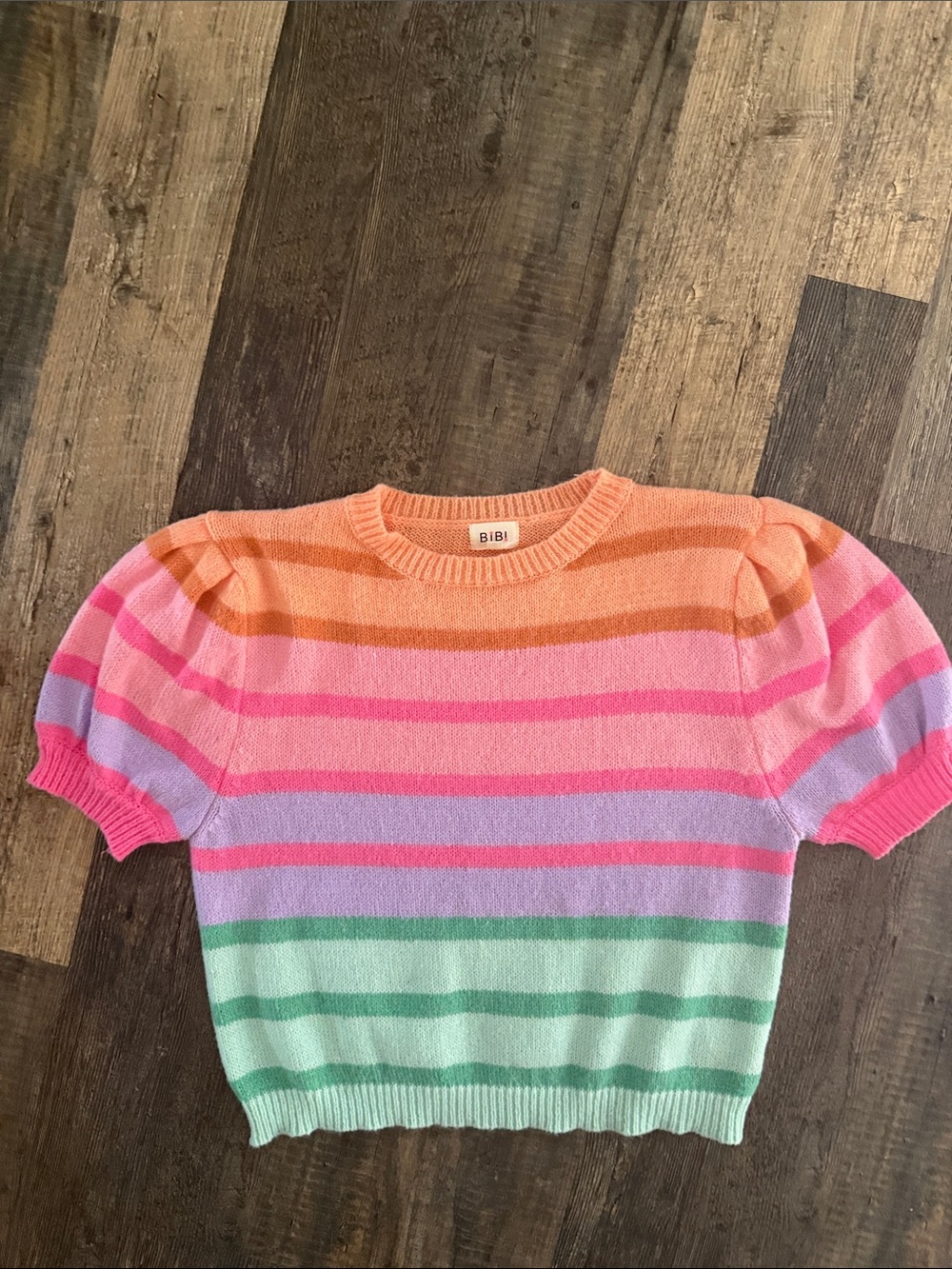 BiBi Pastel Stripe Puff-Sleeve Crewneck Sweater in Pink, Orange, Lavender & Mint